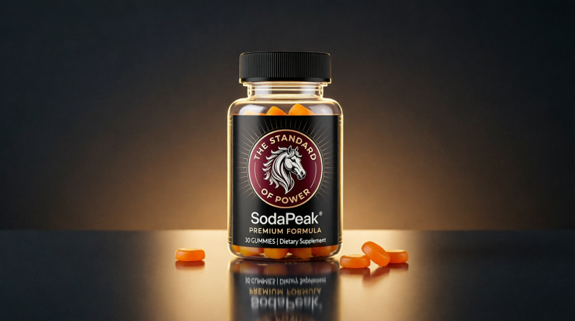 SodaPeak Premium Formula bottle with orange gummies on a dark studio background with golden rim lighting