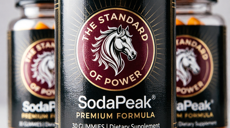 Close-up of the SodaPeak label showing the maroon horse emblem and Premium Formula text